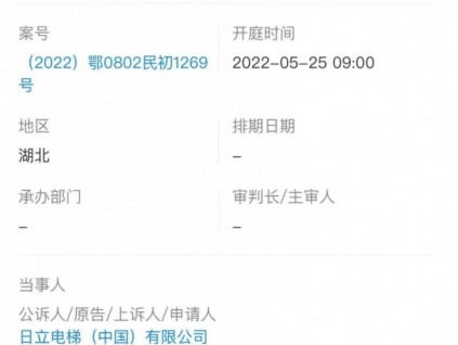 日立電梯新增1則開庭公告，案由系與荊門俊幫置業(yè)買賣合同糾紛