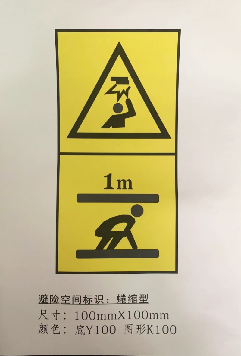 躺下型蜷縮型站立型對(duì)重緩沖器最大最小允許距離不干膠安全警示標(biāo)識(shí)，2022新標(biāo)準(zhǔn)
