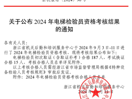 浙江公布2024年電梯檢驗(yàn)員資格考核結(jié)果，202人考核合格（附名單）