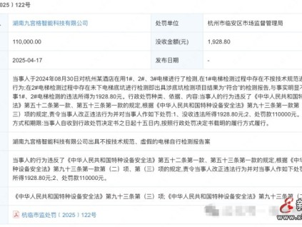 湖南某公司出具虛假電梯自行檢測報告 被杭州臨安市監(jiān)局罰款11萬元