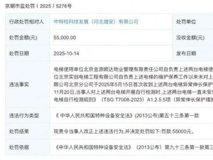 ?北京朝陽(yáng)區(qū)市場(chǎng)監(jiān)管局對(duì)中特檢科技罰款5.5萬(wàn)元