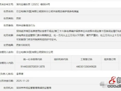 日立電梯深圳分公司未按規(guī)定維保電梯被罰